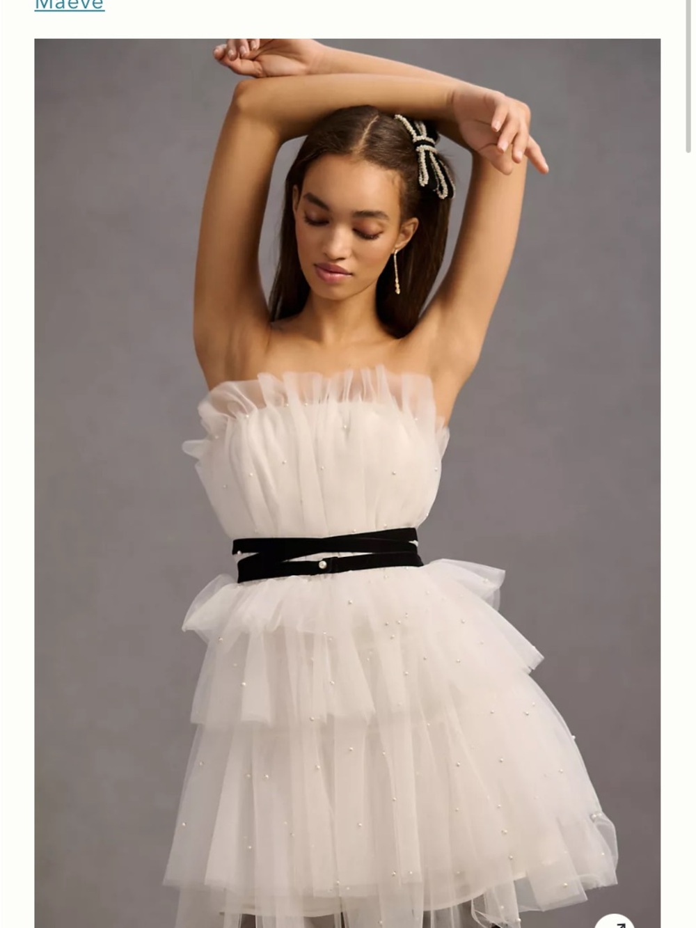 Anthropologie White Ruffled Tulle Dress with Black Velvet Waistband